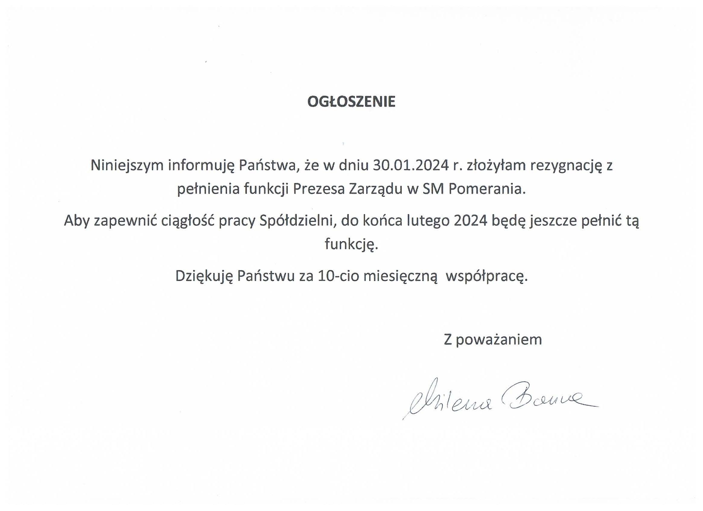 Ogłoszenie o rezygnacji z funkcji Prezesa Zarządu SM Pomerania