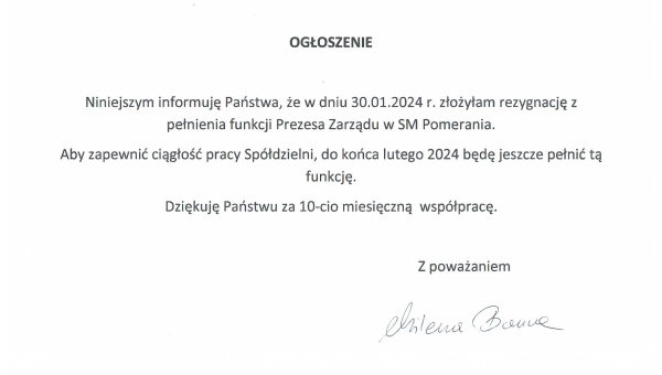 Ogłoszenie o rezygnacji z funkcji Prezesa Zarządu SM Pomerania